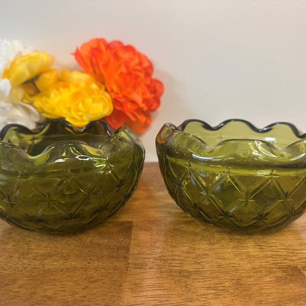 Indiana Glass Avocado Green Quilted Bowls Vintage Textured Diamond Star Pattern